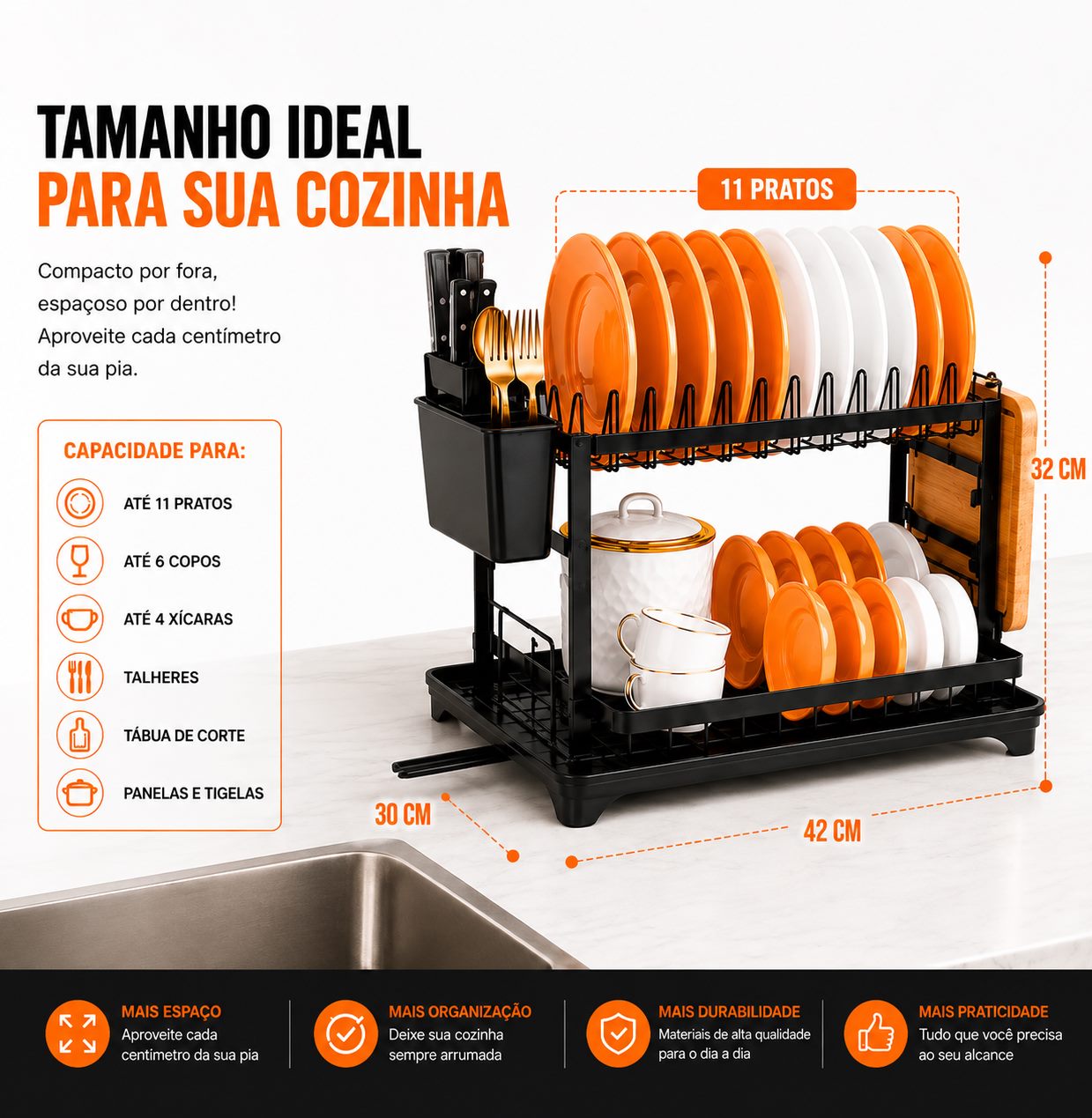 OrganizaMax tamanho ideal para bancada, 42 x 30 x 32 cm